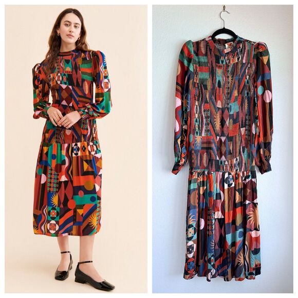FARM Rio Tropical Shapes Multicolour Smocked Long Sleeve Midi Dress Size XL - Picture 1 of 16